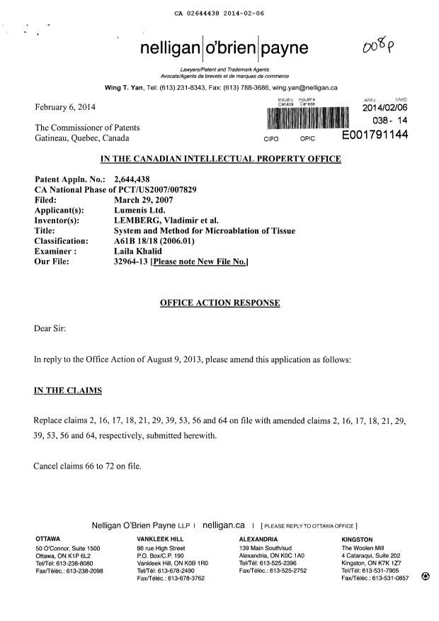 Document de brevet canadien 2644438. Poursuite-Amendment 20140206. Image 1 de 12