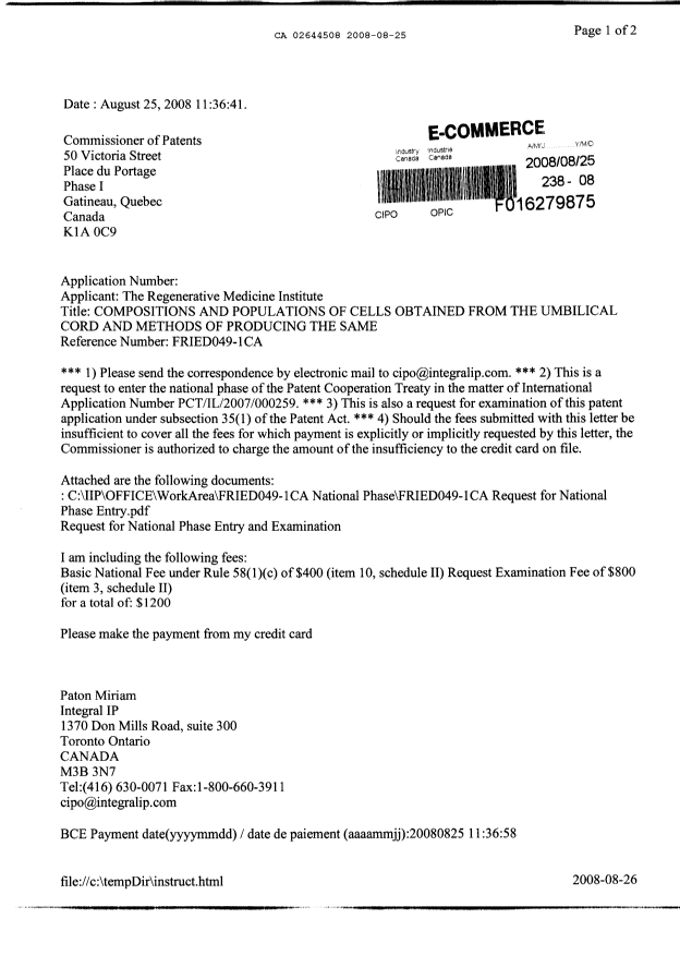 Document de brevet canadien 2644508. Cession 20080825. Image 1 de 5