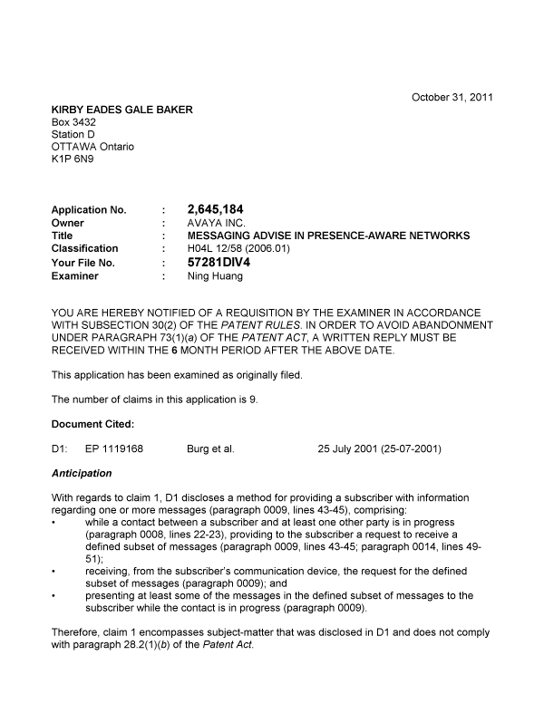Canadian Patent Document 2645184. Prosecution-Amendment 20101231. Image 1 of 2