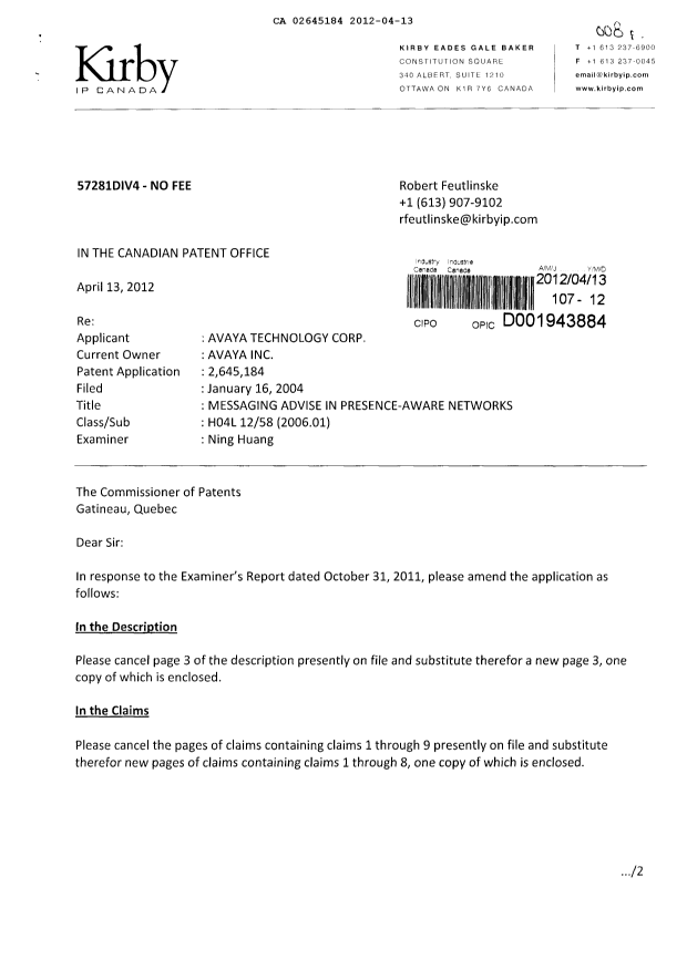Canadian Patent Document 2645184. Prosecution-Amendment 20111213. Image 1 of 6