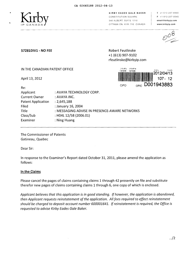 Document de brevet canadien 2645188. Poursuite-Amendment 20120413. Image 1 de 3
