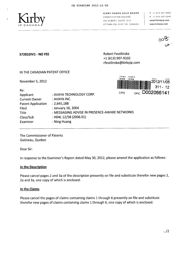 Canadian Patent Document 2645188. Prosecution-Amendment 20121105. Image 1 of 8