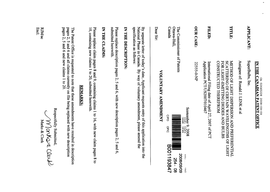 Canadian Patent Document 2645228. Prosecution-Amendment 20080909. Image 1 of 7