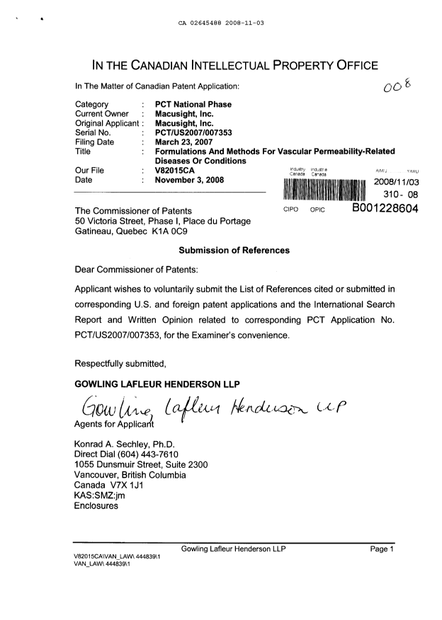 Canadian Patent Document 2645488. Prosecution-Amendment 20071203. Image 1 of 17