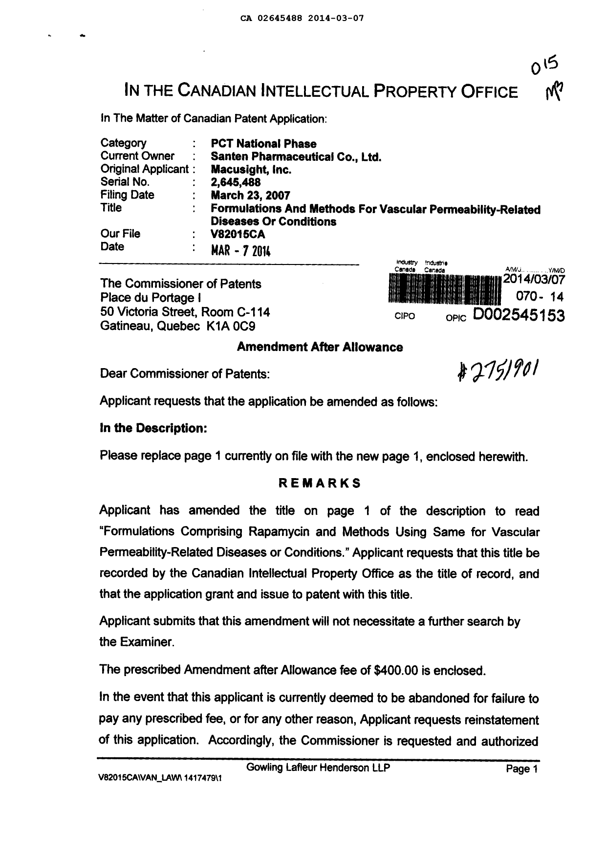 Canadian Patent Document 2645488. Prosecution-Amendment 20131207. Image 1 of 3