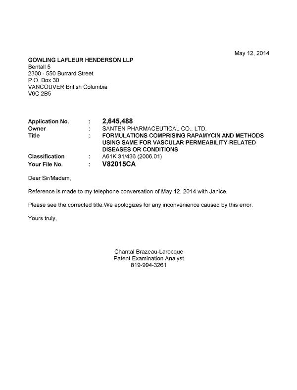 Document de brevet canadien 2645488. Correspondance 20140512. Image 1 de 1