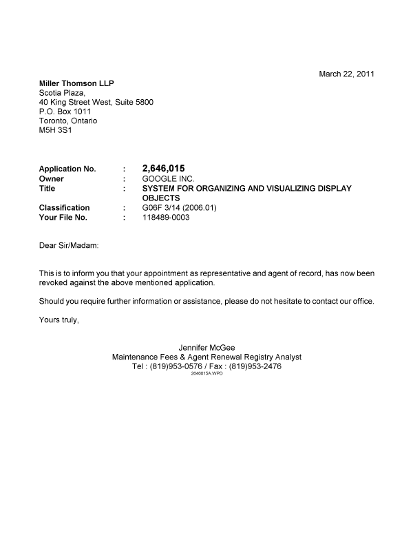 Document de brevet canadien 2646015. Correspondance 20110322. Image 1 de 1