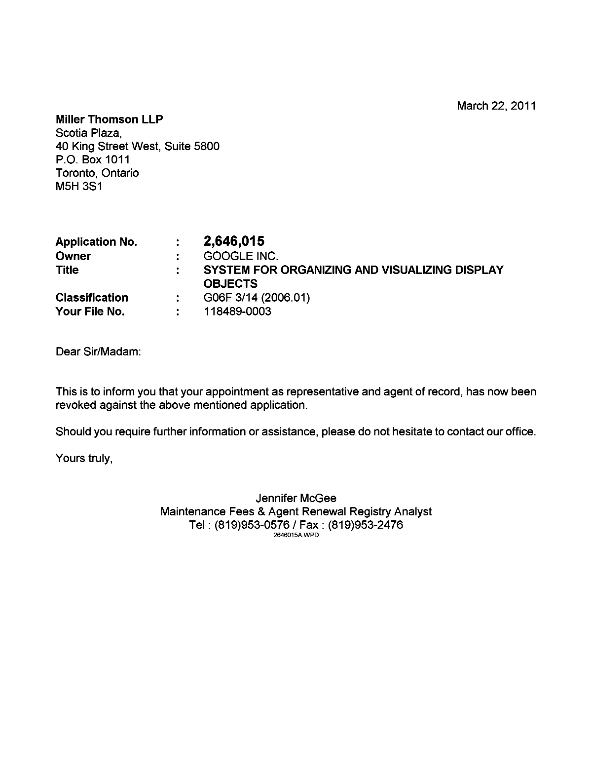 Canadian Patent Document 2646015. Correspondence 20110322. Image 1 of 1