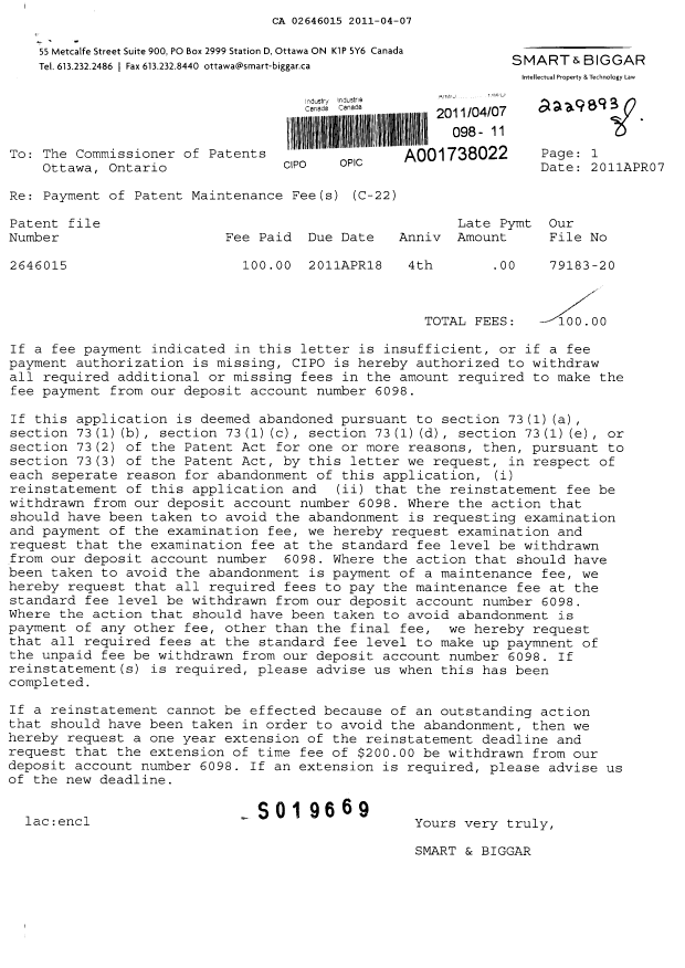 Document de brevet canadien 2646015. Taxes 20110407. Image 1 de 1