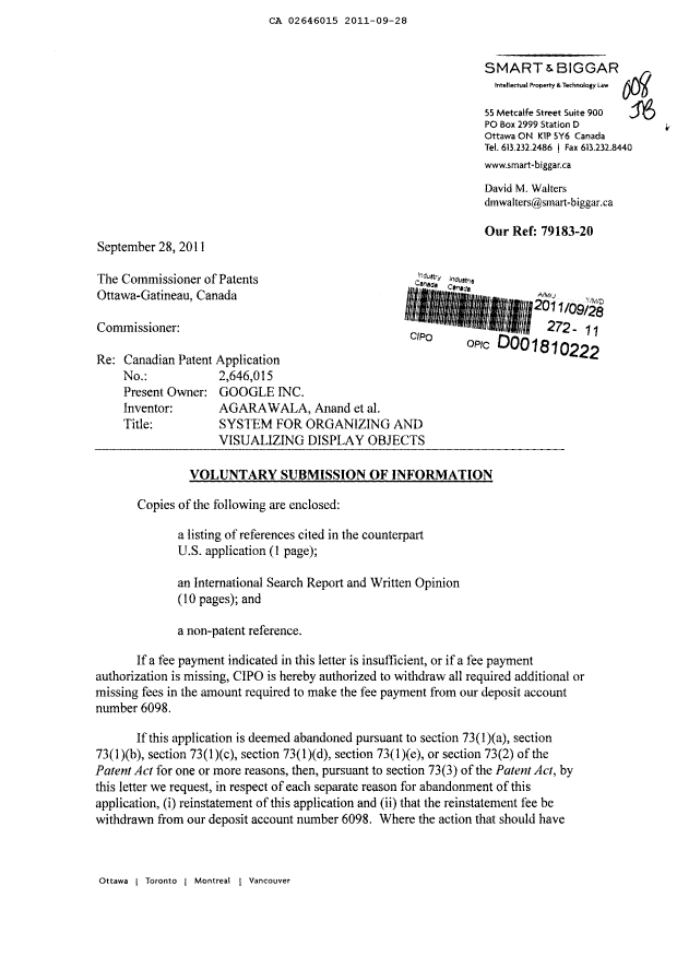Document de brevet canadien 2646015. Poursuite-Amendment 20110928. Image 1 de 2