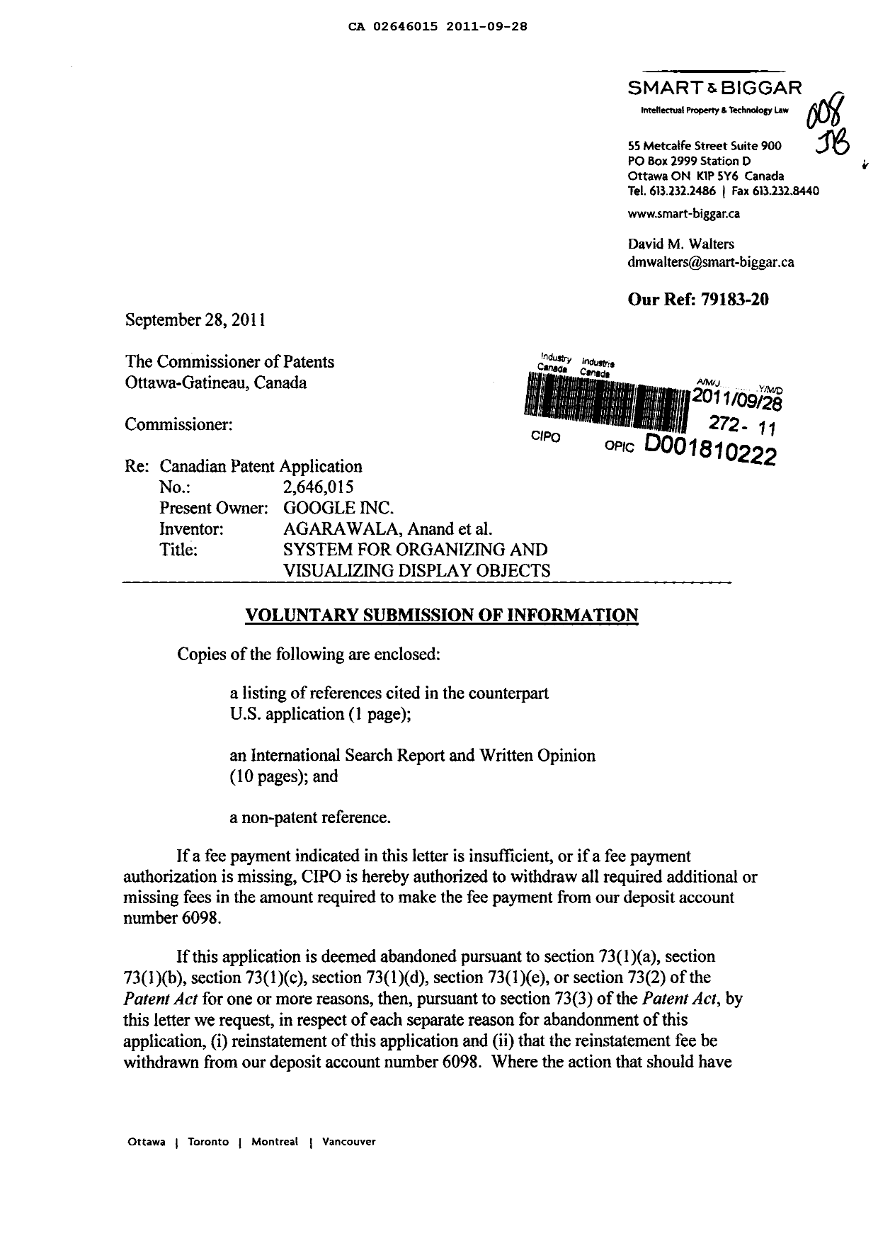Canadian Patent Document 2646015. Prosecution-Amendment 20110928. Image 1 of 2