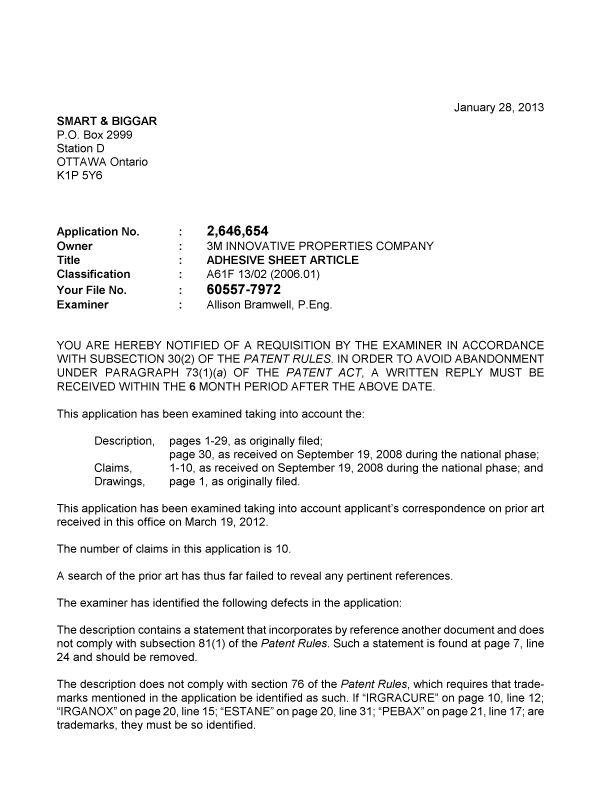 Canadian Patent Document 2646654. Prosecution-Amendment 20130128. Image 1 of 2