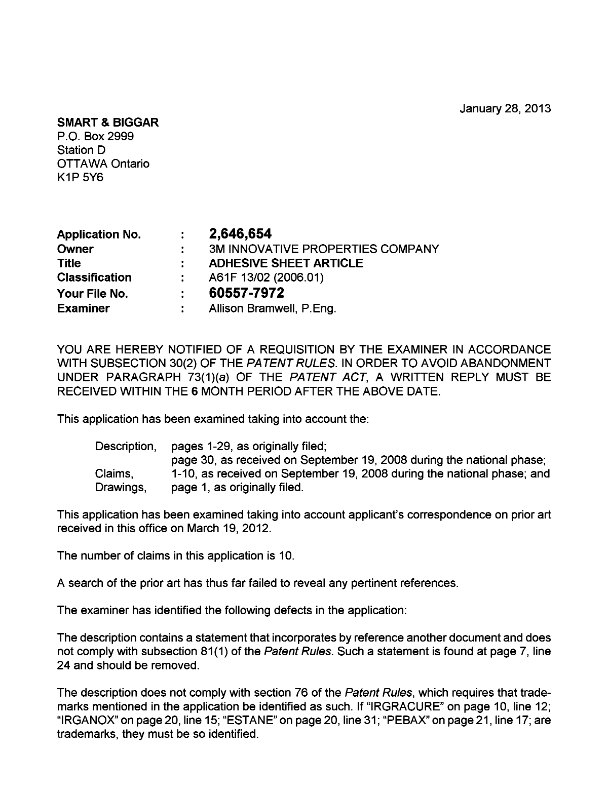Canadian Patent Document 2646654. Prosecution-Amendment 20130128. Image 1 of 2