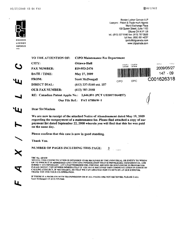 Canadian Patent Document 2646891. Fees 20090527. Image 1 of 3