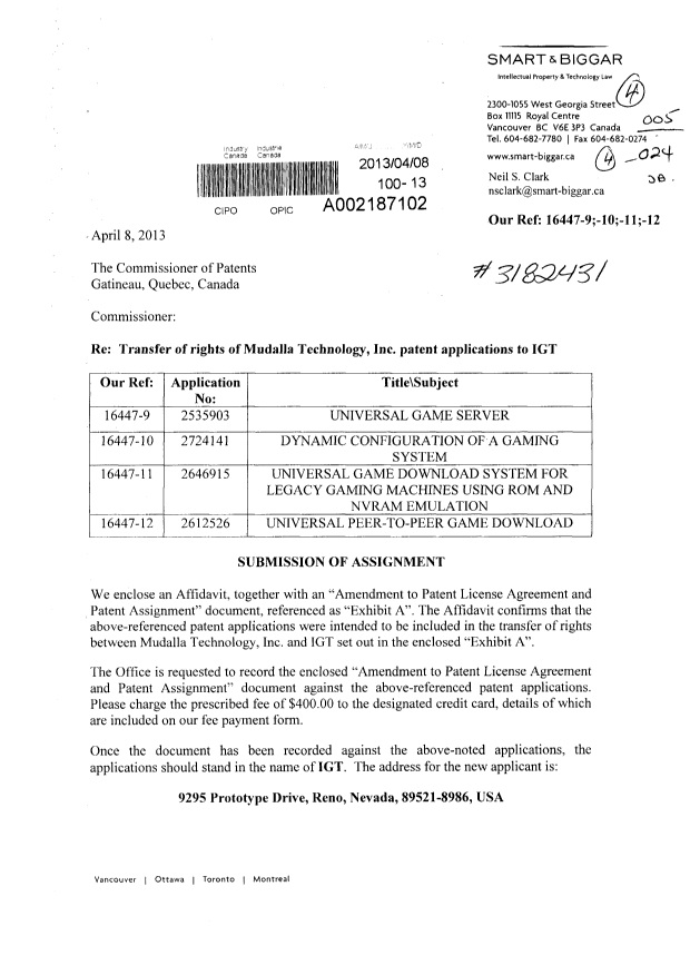 Document de brevet canadien 2646915. Correspondance 20130408. Image 1 de 4