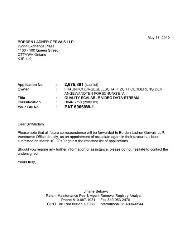 Document de brevet canadien 2646961. Correspondance 20100518. Image 1 de 1