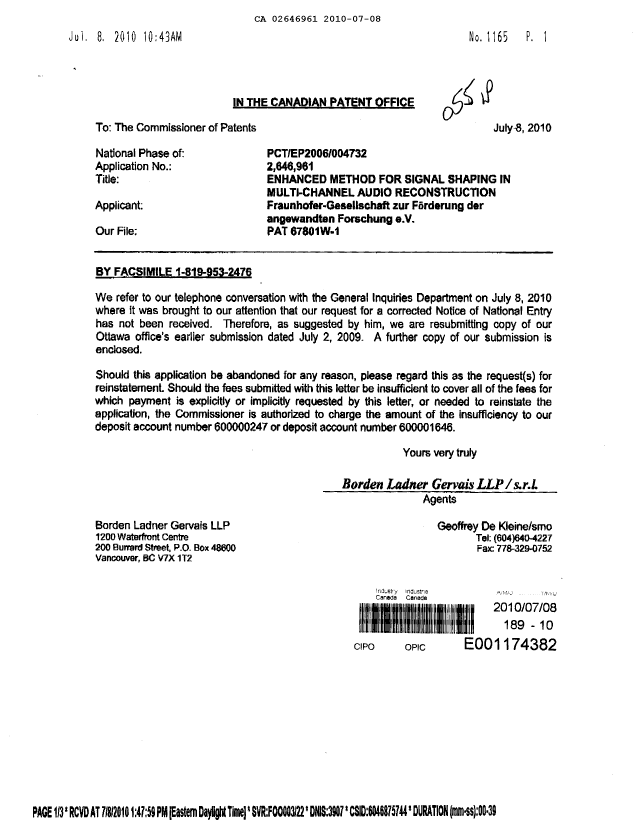 Document de brevet canadien 2646961. Correspondance 20100708. Image 1 de 3