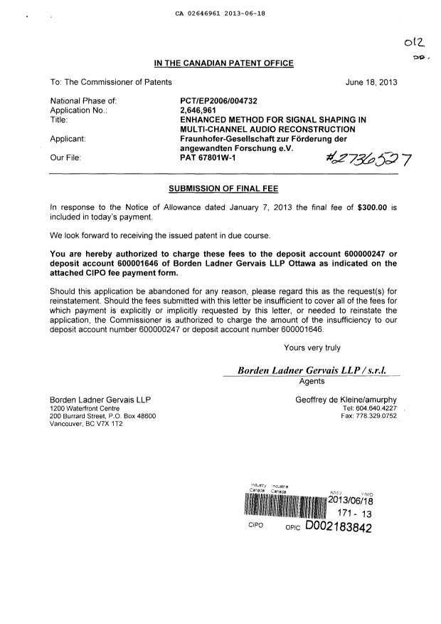 Document de brevet canadien 2646961. Correspondance 20130618. Image 1 de 1