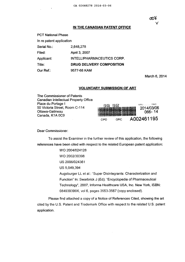 Canadian Patent Document 2648278. Prosecution-Amendment 20140306. Image 1 of 2