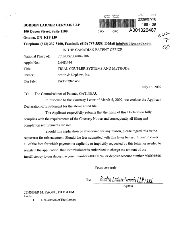 Document de brevet canadien 2648444. Correspondance 20090716. Image 1 de 2