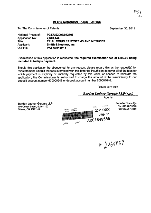 Document de brevet canadien 2648444. Poursuite-Amendment 20110930. Image 1 de 1