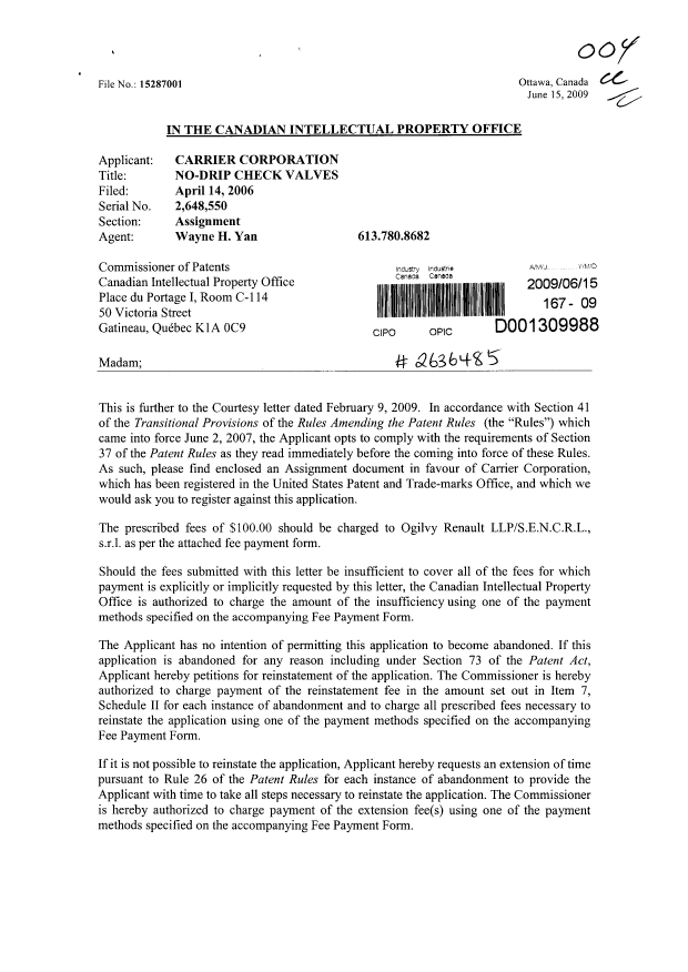 Document de brevet canadien 2648550. Cession 20081215. Image 1 de 7