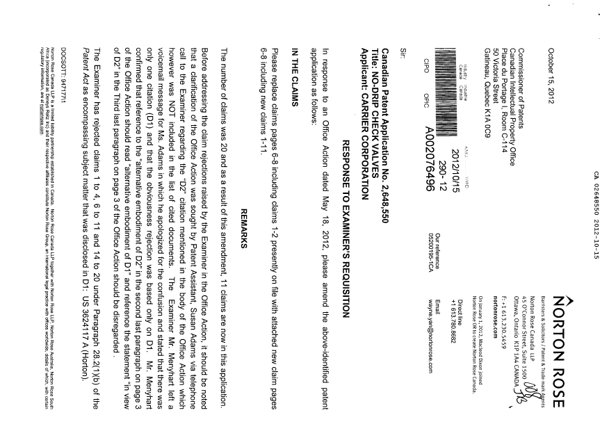 Canadian Patent Document 2648550. Prosecution-Amendment 20111215. Image 1 of 6