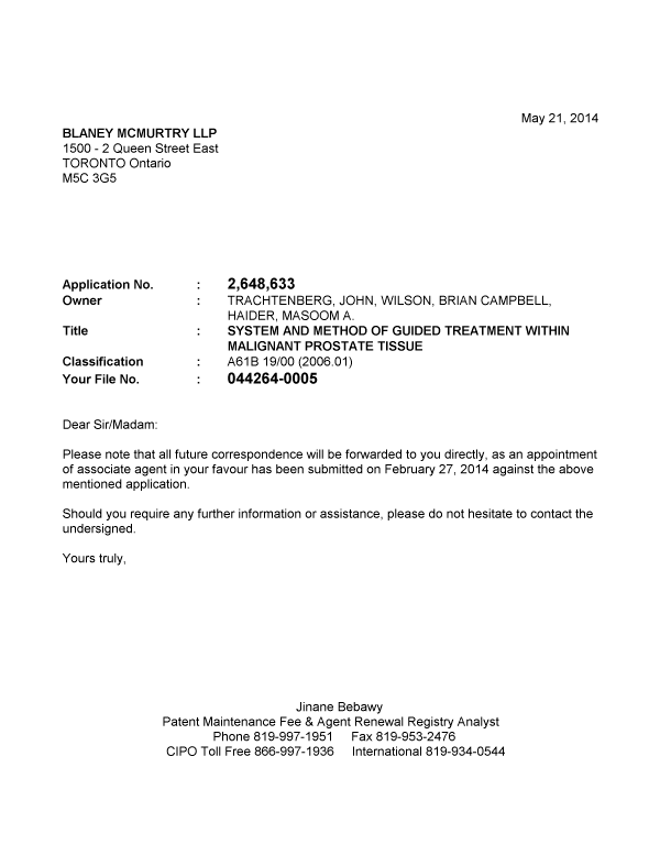Canadian Patent Document 2648633. Correspondence 20140521. Image 1 of 1