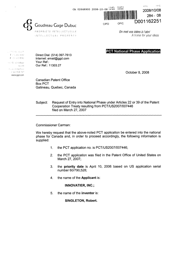 Document de brevet canadien 2648900. Cession 20081008. Image 1 de 8