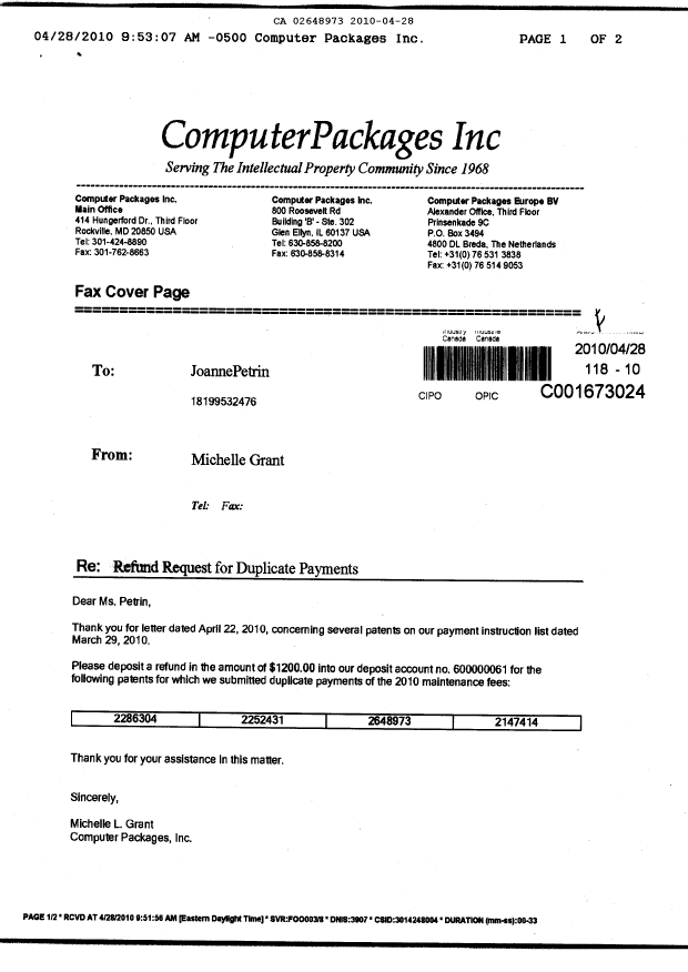 Document de brevet canadien 2648973. Taxes 20100428. Image 1 de 2