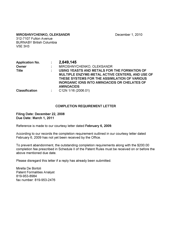 Canadian Patent Document 2649145. Correspondence 20091201. Image 1 of 1