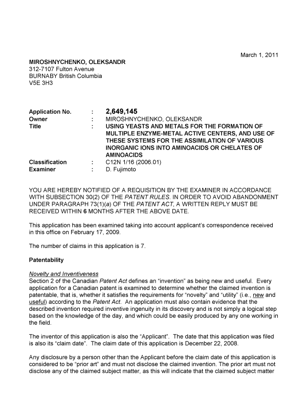 Canadian Patent Document 2649145. Prosecution-Amendment 20101201. Image 1 of 9