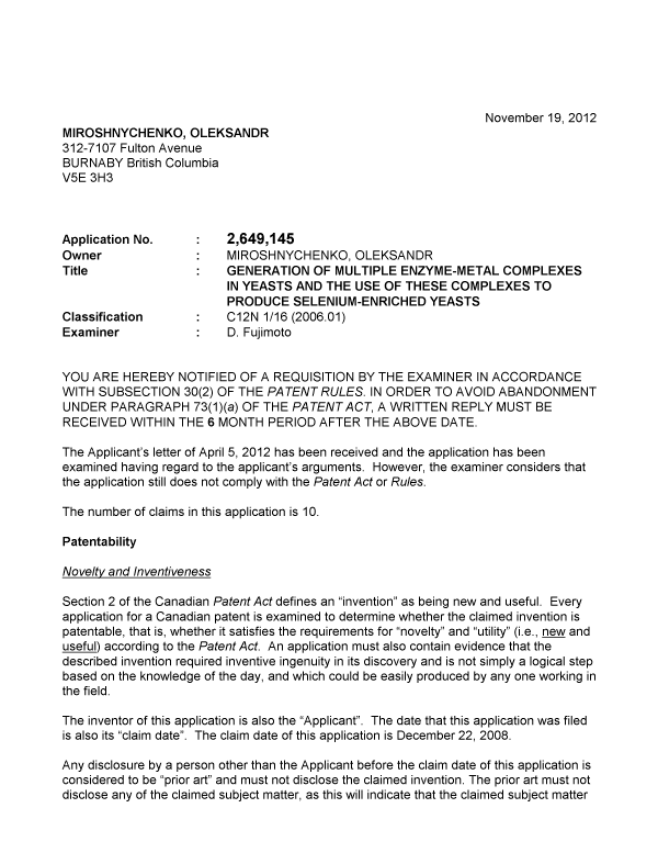 Canadian Patent Document 2649145. Prosecution-Amendment 20111219. Image 1 of 11