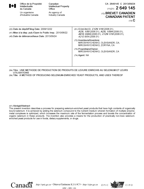 Canadian Patent Document 2649145. Cover Page 20121229. Image 1 of 1