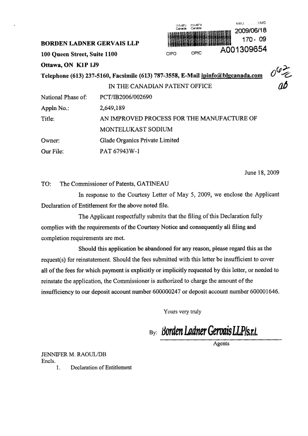 Canadian Patent Document 2649189. Correspondence 20090618. Image 1 of 2