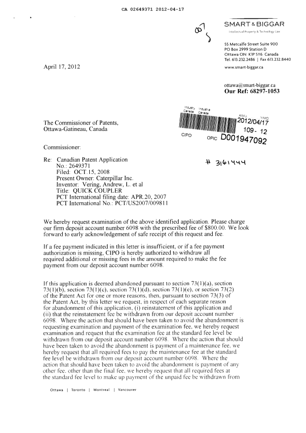 Document de brevet canadien 2649371. Poursuite-Amendment 20120417. Image 1 de 2
