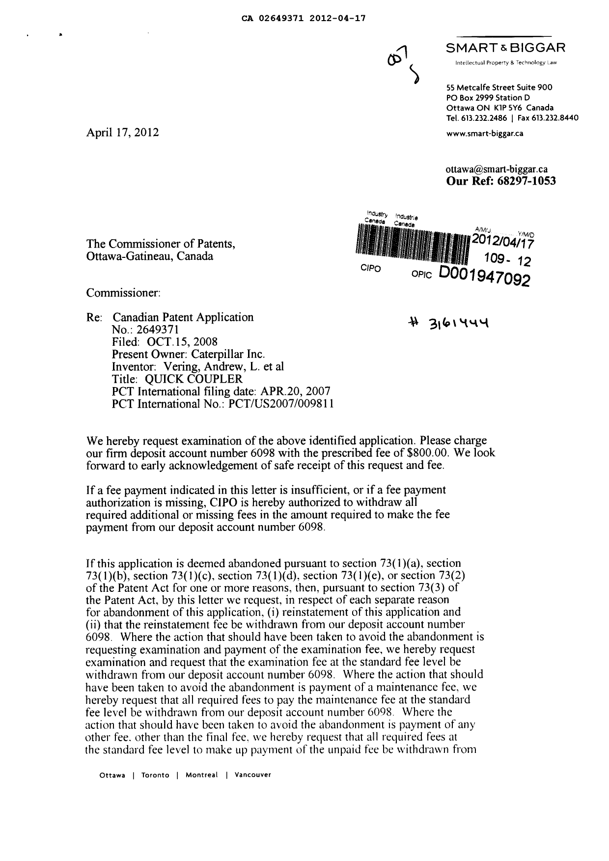 Canadian Patent Document 2649371. Prosecution-Amendment 20120417. Image 1 of 2