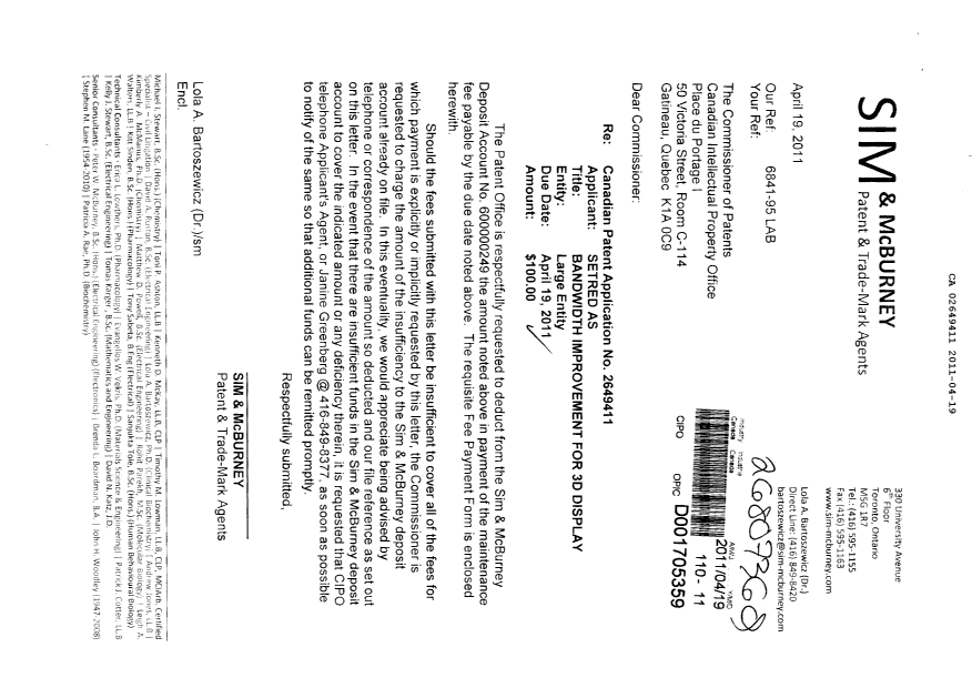 Canadian Patent Document 2649411. Fees 20110419. Image 1 of 1