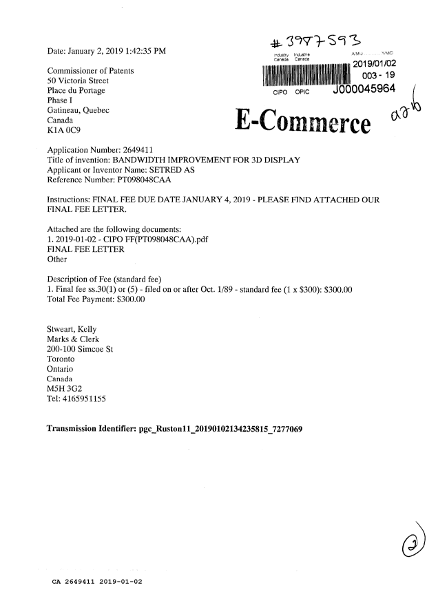 Document de brevet canadien 2649411. Taxe finale 20190102. Image 1 de 2