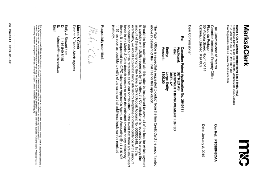 Canadian Patent Document 2649411. Final Fee 20190102. Image 2 of 2