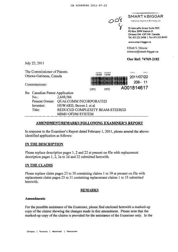Canadian Patent Document 2649566. Prosecution-Amendment 20110722. Image 1 of 31
