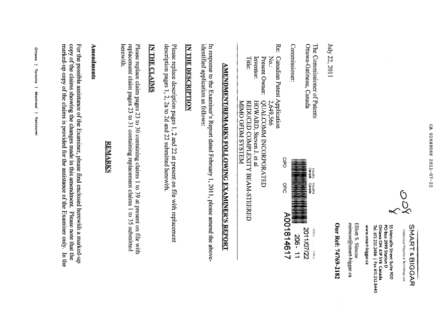 Canadian Patent Document 2649566. Prosecution-Amendment 20110722. Image 1 of 31