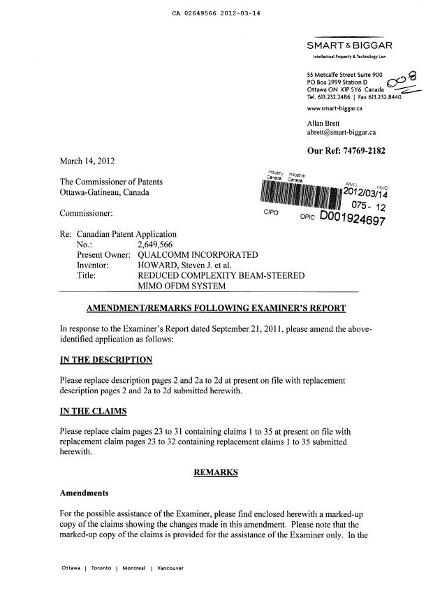 Canadian Patent Document 2649566. Prosecution-Amendment 20120314. Image 1 of 30