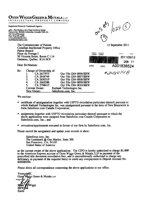 Canadian Patent Document 2650319. Correspondence 20110913. Image 1 of 2