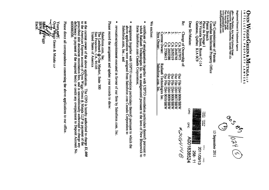 Canadian Patent Document 2650319. Correspondence 20110913. Image 1 of 2