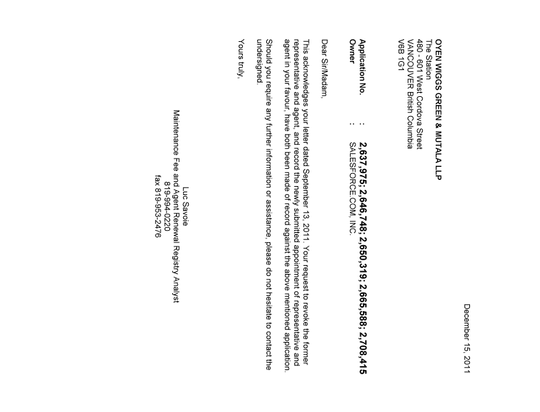 Canadian Patent Document 2650319. Correspondence 20111215. Image 1 of 1