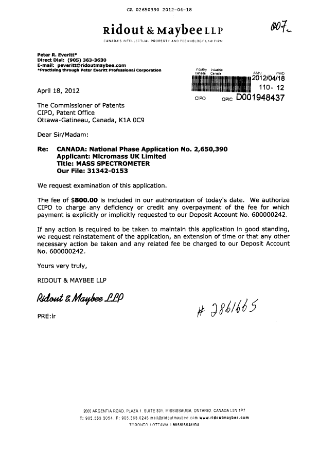Document de brevet canadien 2650390. Poursuite-Amendment 20120418. Image 1 de 1