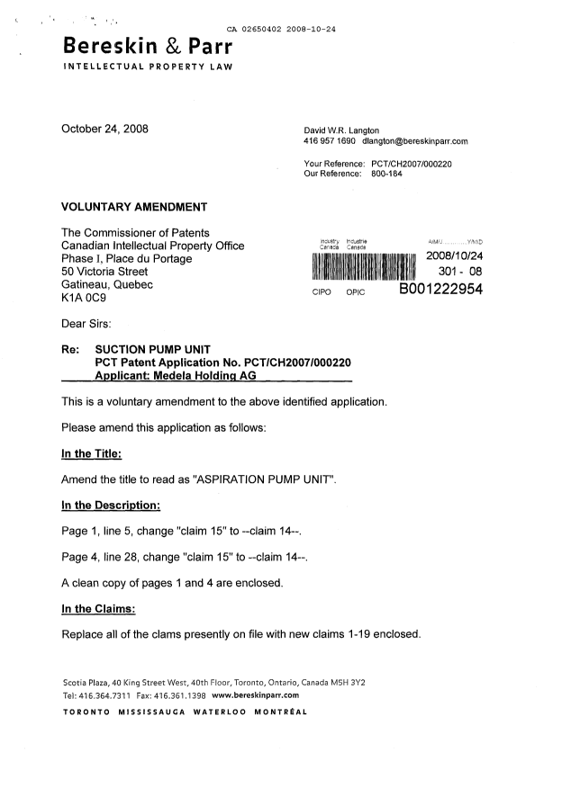 Canadian Patent Document 2650402. Prosecution-Amendment 20081024. Image 1 of 8