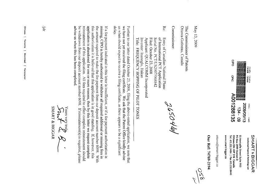 Canadian Patent Document 2650461. Correspondence 20090513. Image 1 of 1