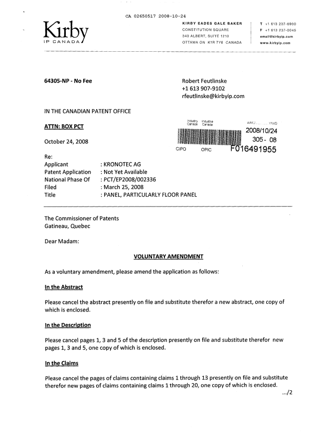 Document de brevet canadien 2650517. Poursuite-Amendment 20081024. Image 1 de 9